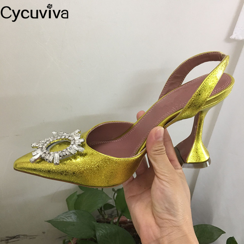 

Glitter Crystal Women Sandals Stain High Heel Ladies Shoes Summer Female Point Toe Slingbacks Mules Woman Wedding Party Shoes, Yellow stain