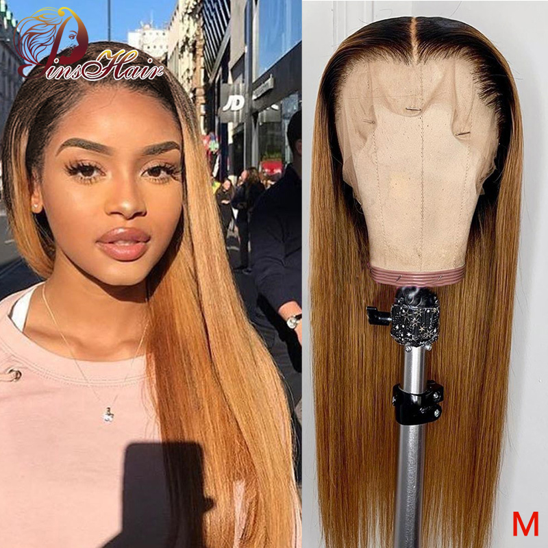 

Pinshair 1B/30 Ombre Straight Lace Front Human Hair Wig For Women Brazilian Honey Blonde Lace Front Wig Non-remy Pre Plucked 150, As pic