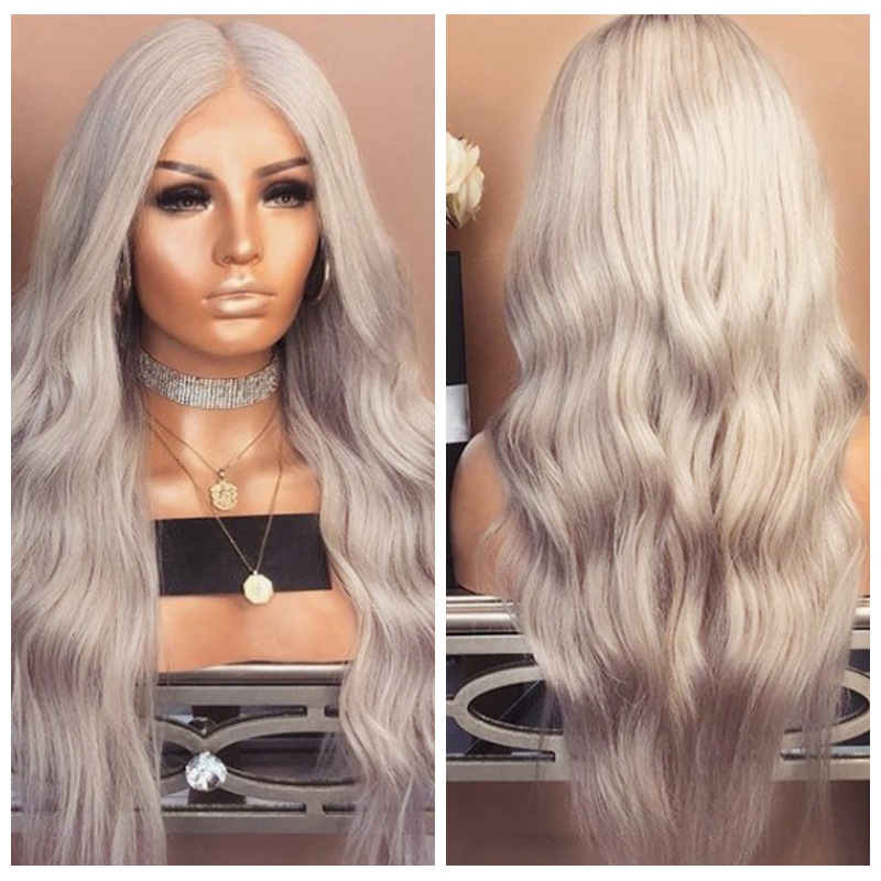 

Fashion Gray Color Synthetic Hair Lace Front Wigs with Bbay Hair Body Wave Cheap Long Lace Wig Pre Plucked Natural Hairline