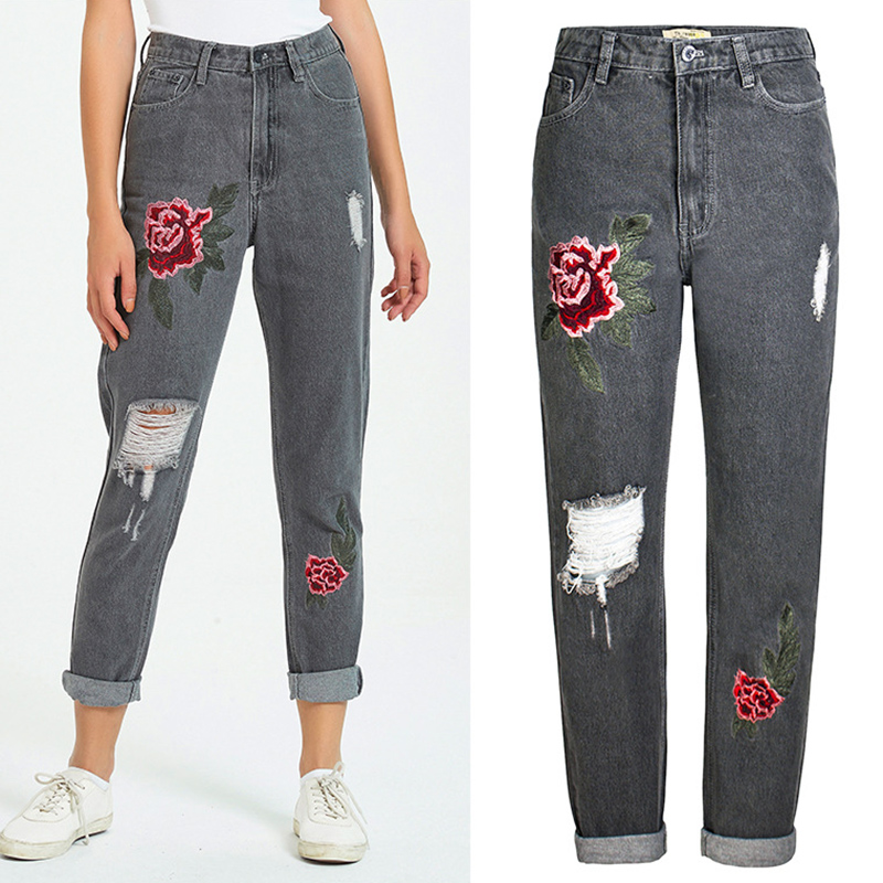 

Spring Women Embroidered Jeans Pants High Waisted Hole Ripped Denim Pants Women Streetwear BF Style Pure Cotton Denim Trousers, Grey