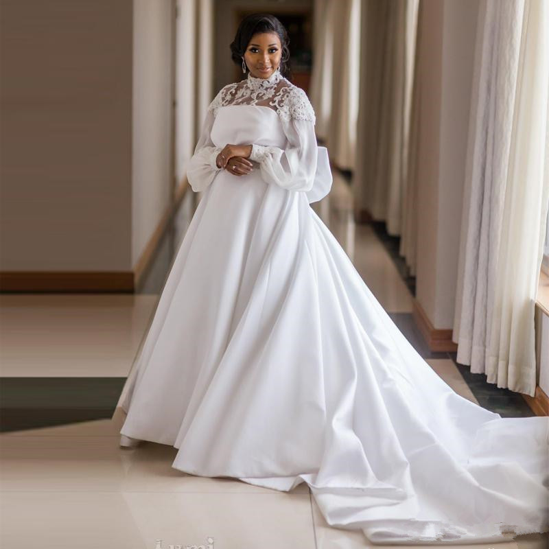 

Graceful Satin A-Line Wedding Dresses High Collar Flare Sleeve Big Bow Tie Africa Wedding Gowns Beaded Princess Bridal Dress Z9, Silver