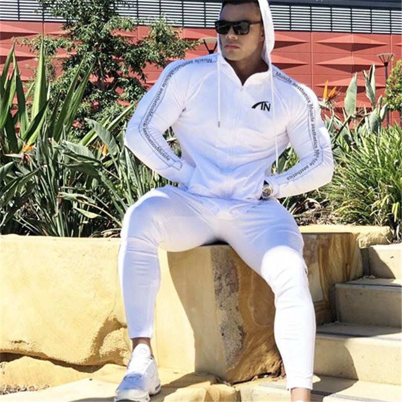

Male Tracksuit sets Autumn brand sporting Suit Men Hoodies Sets Gyms Sportswear Jogger Suits, White