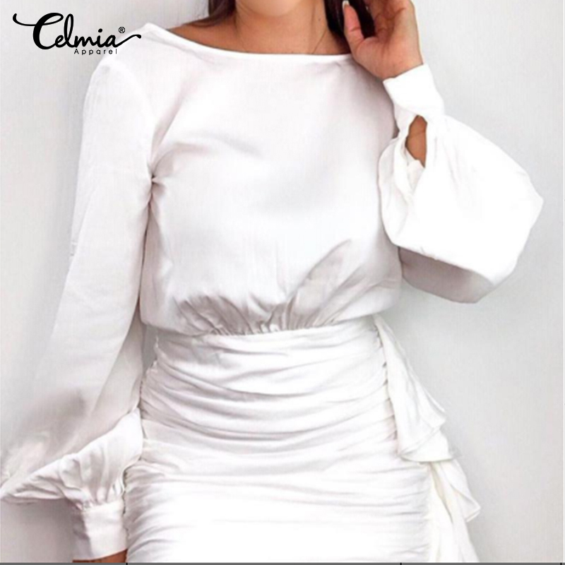 

Celmia Women 2019 Fashion Lantern Sleeve Solid Blouses Lantern Sleeve Silk Tunic Tops Casual Loose Shirts Ladies Elegant Blusas, White