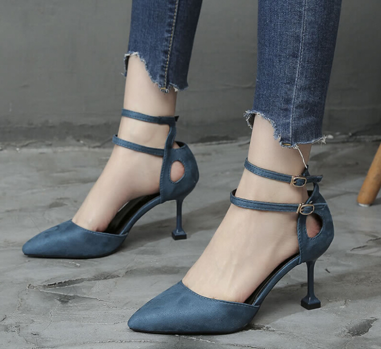 

2019 summer Europe and the United States pointed baotou stiletto heels with a buckle with cats and sandals women's hollow wild women's shoes, Beige