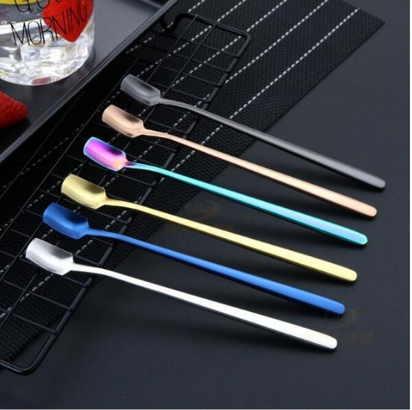 Coffee spoons with square head 304 Stainless Steel Gold-plated bar long handle ice mixing spoon-image-511523707
