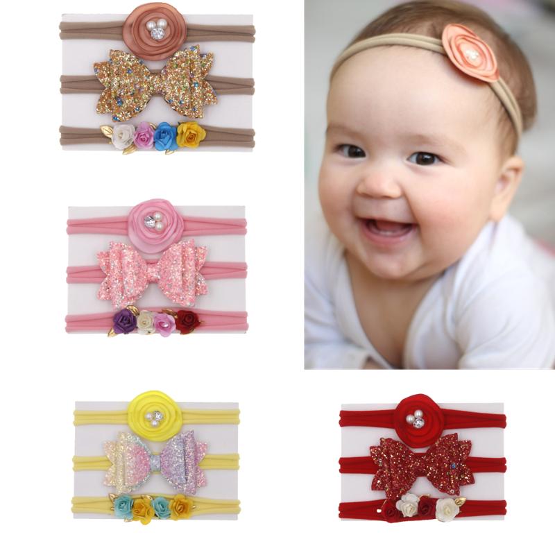 

New 3-piece Children's Nylon Hairband Set Flower Bowknot Hair Band Child Baby Girl Hair Accessories