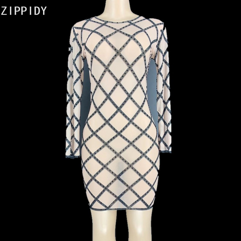 

Black Rhinestones Transparent Short Dress Bar Birthday Celebrate Outfit Prom Party Dress Women Dancer YOUDU