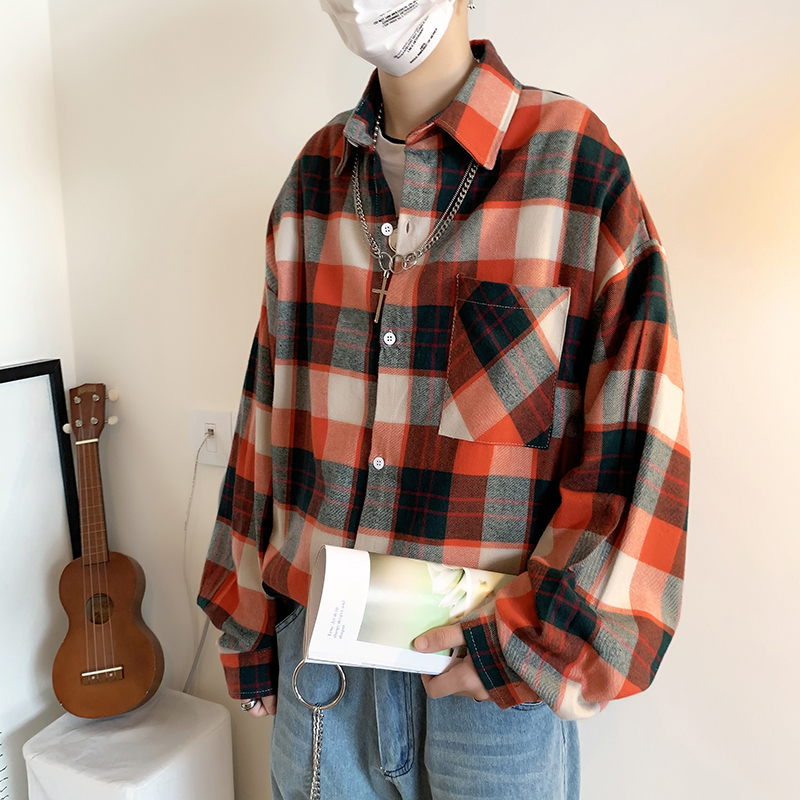 

2019 Autumn New Super Fire Korean Version Of The Boyfriend Wind Loose Retro Long-sleeved Plaid Casual Shirt Streetwear, Red