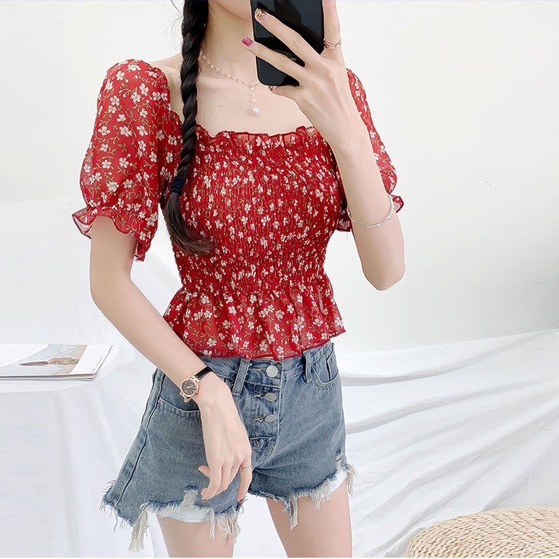 

Summer Square Collar Short-sleeved Women Chiffon Shirt High Waist Ruffled Hem Blouse Top 2020 New