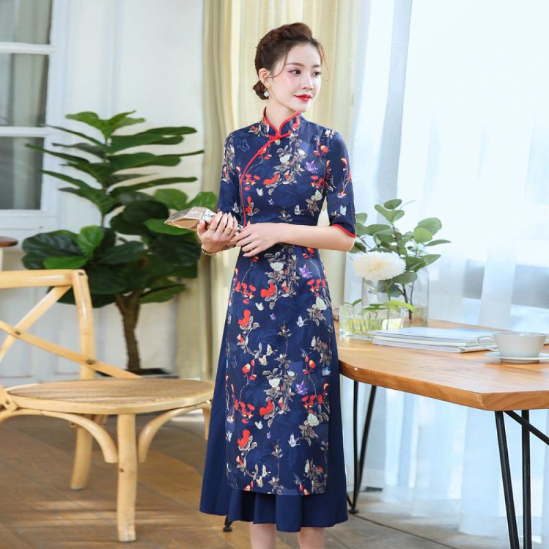

Daily Improve Stand Collar Buckle Cheongsam Dress Vintage Floral Print Bodycon Retro Chinese Qipao Party Dress