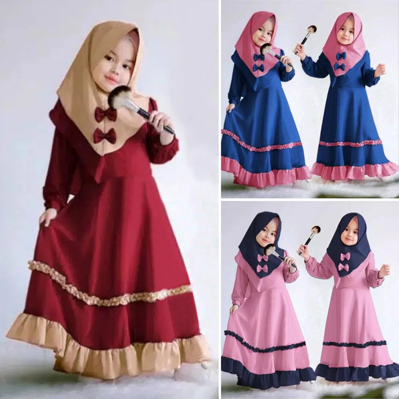 

Muslim Kids Girls Hijab Abaya 2 Piece Set Islamic Maxi Dress Large Scarf Khimar Jilbab Kaftan Ruffle Party Gown Niqab Burqa Robe