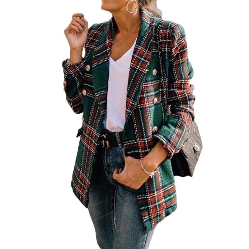 

Plaid Tweed Jacket Women OL Office Streetwear Double Breasted Pocket Jackets New Vintage Long Sleeve Coat Veste Femme, Green