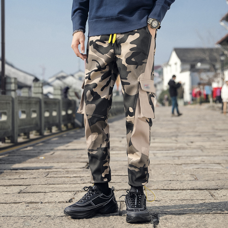 

Men's new casual trousers overalls safari style multi-pockets wild camouflage drawstring elastic waist ankle tied banded pants, Photo color