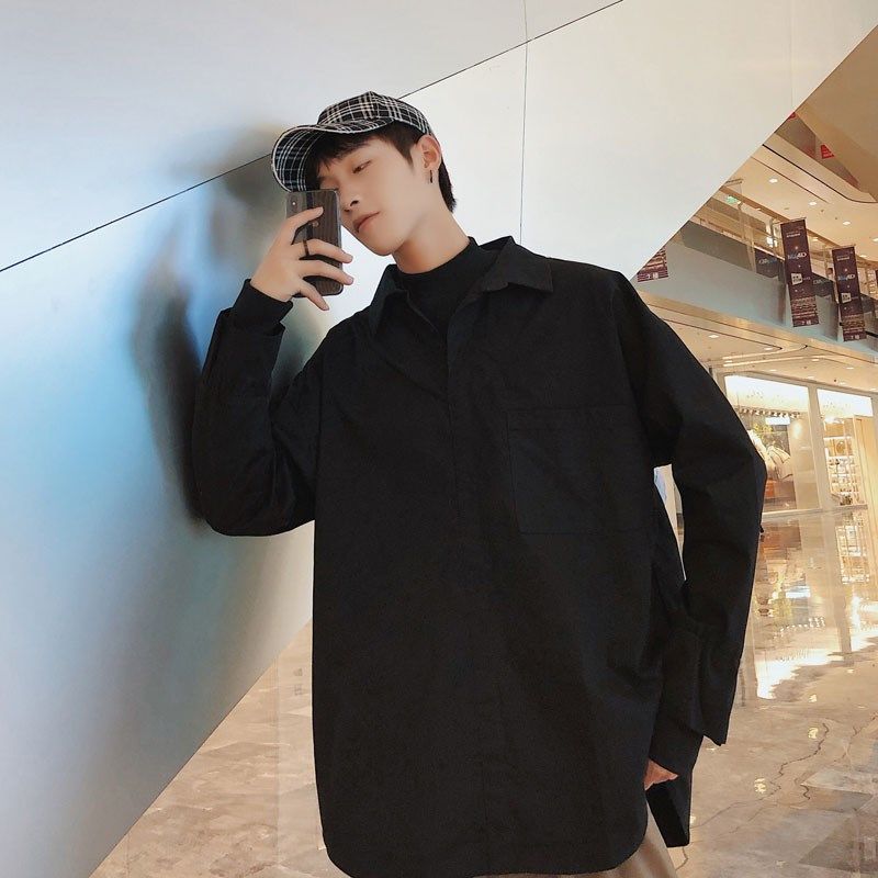 

Slim Shirt Men' Long-sleeved Autumn Korean Version of The Loose Trend Student Fake Two-piece Design Ins Lazy Shirt, Brown