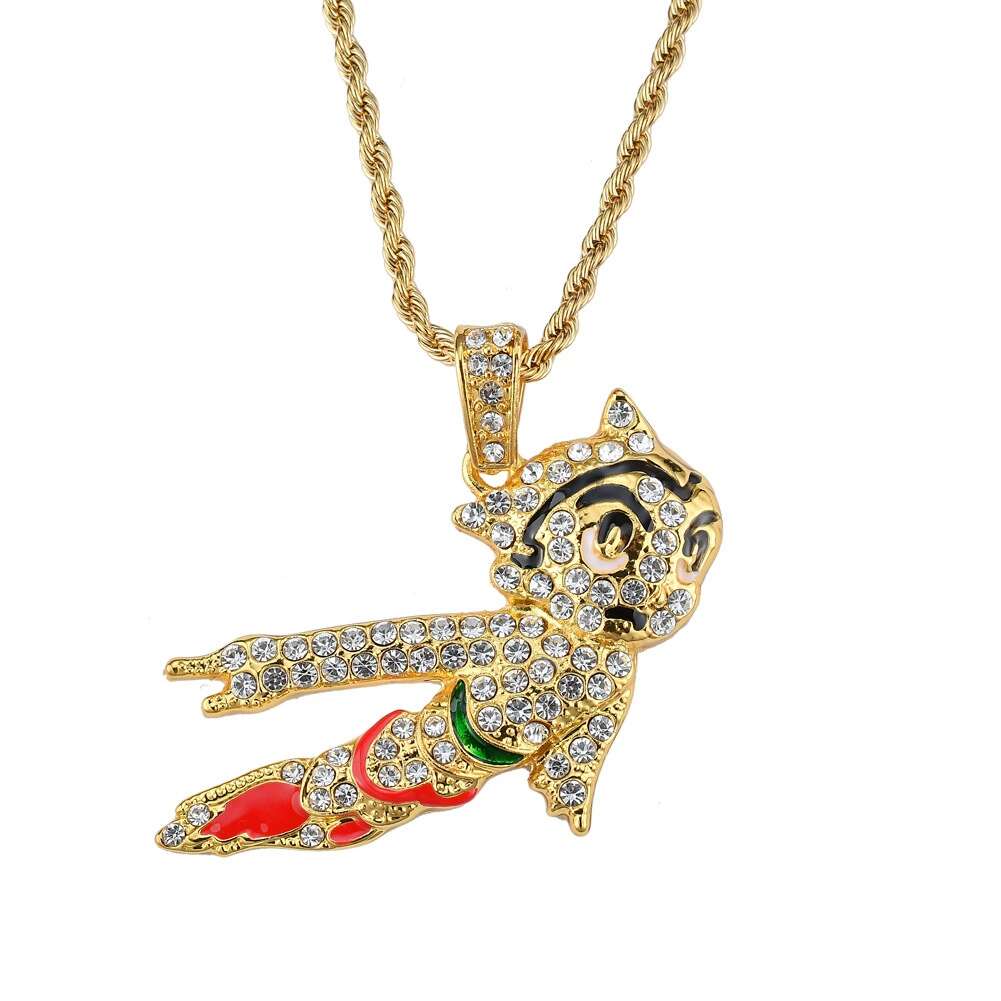 

hip hop Astro Boy pendant necklaces for men women luxury diamonds Japanese cartoon animation necklace Cuban chain jewelry golden silver