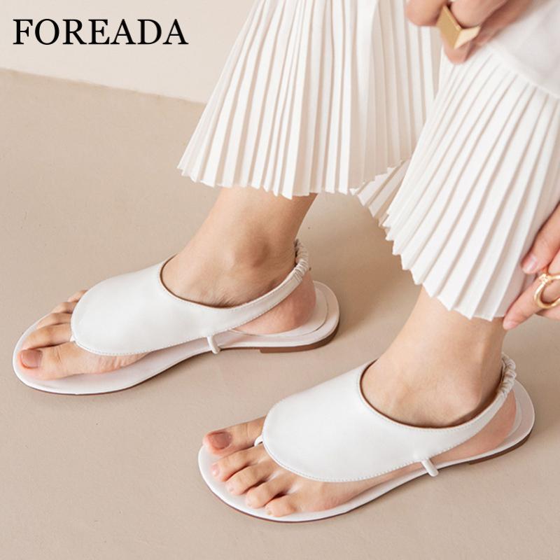 

FOREADA Women Natural Genuine Leather Shoes Flip Flop Flat Casual Sandals Fashion Pleated Female Sandals Black White Size 33-40