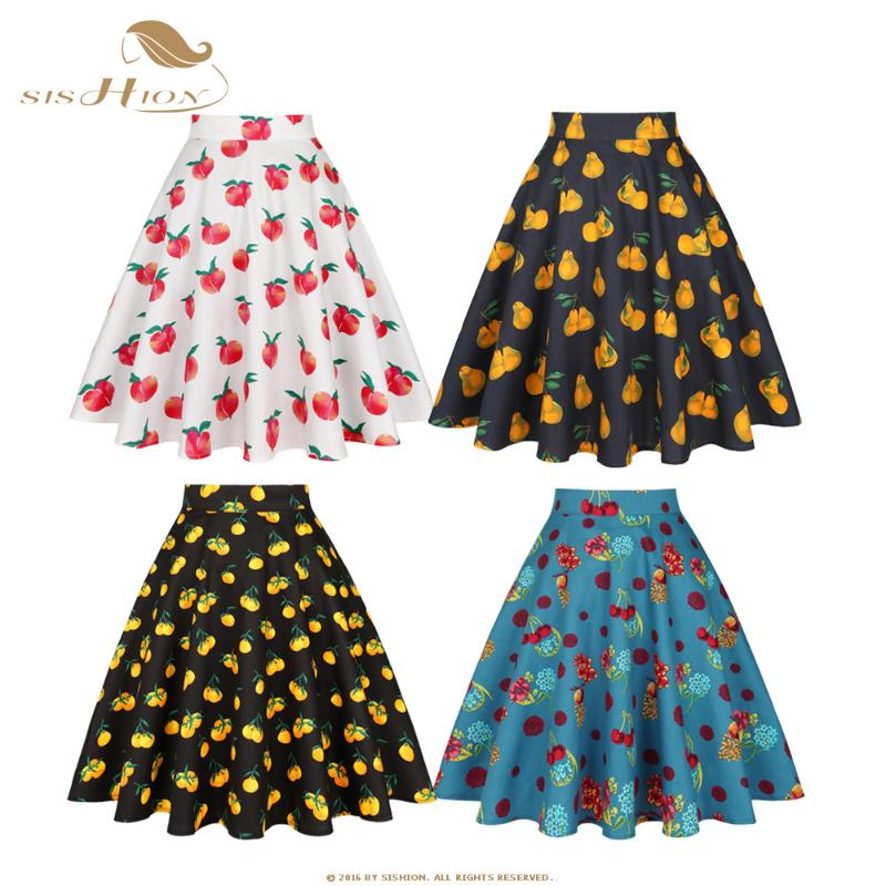 

Sishion 50s 60s Cotton Beige Peach Print Swing Retro Vintage Skirt Vd0020 2020 High Waist Faldas Summer Female Skirts, Black oranges