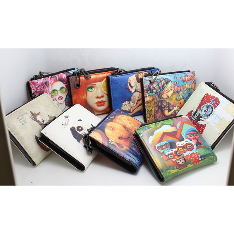 

New Brand Designer Creative Painting Wallet for Women Short Zipper Coin Purse Fancy Pu Leather Wallets Small Handy Bag Ladies, Beige