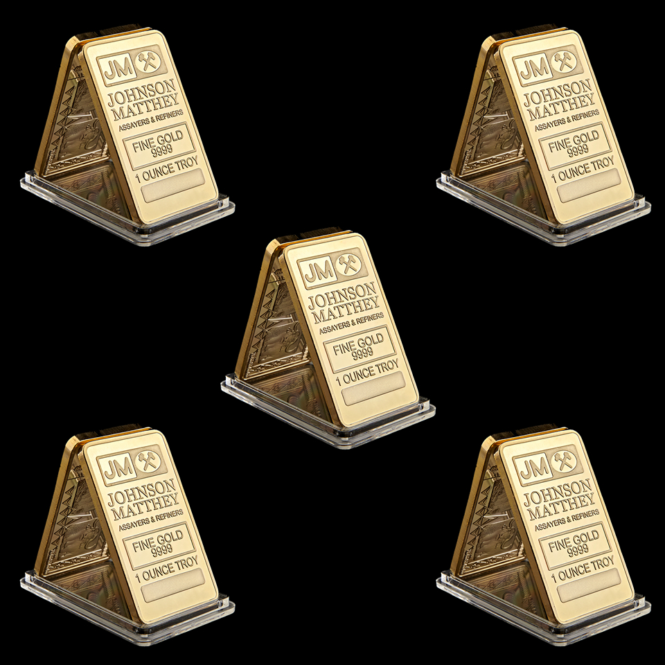 5pcs The Johnson Matthey JM Gold Plated Bullion Craft Souvenir Bar With Laser Serial Number-image-525628970