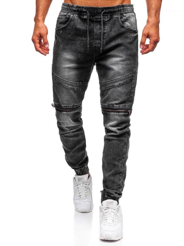 Mens Jeans Knee Zipper Bleached Men Designer Clothing Casual Fashion Male Pencil Pants Elastic Waist Drawstring