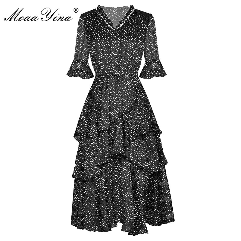 

MoaaYina Fashion Runway dress Spring Women' Dress Crystal Lace V-neck Elastic waist Cascading Ruffle Dot Dresses, Black