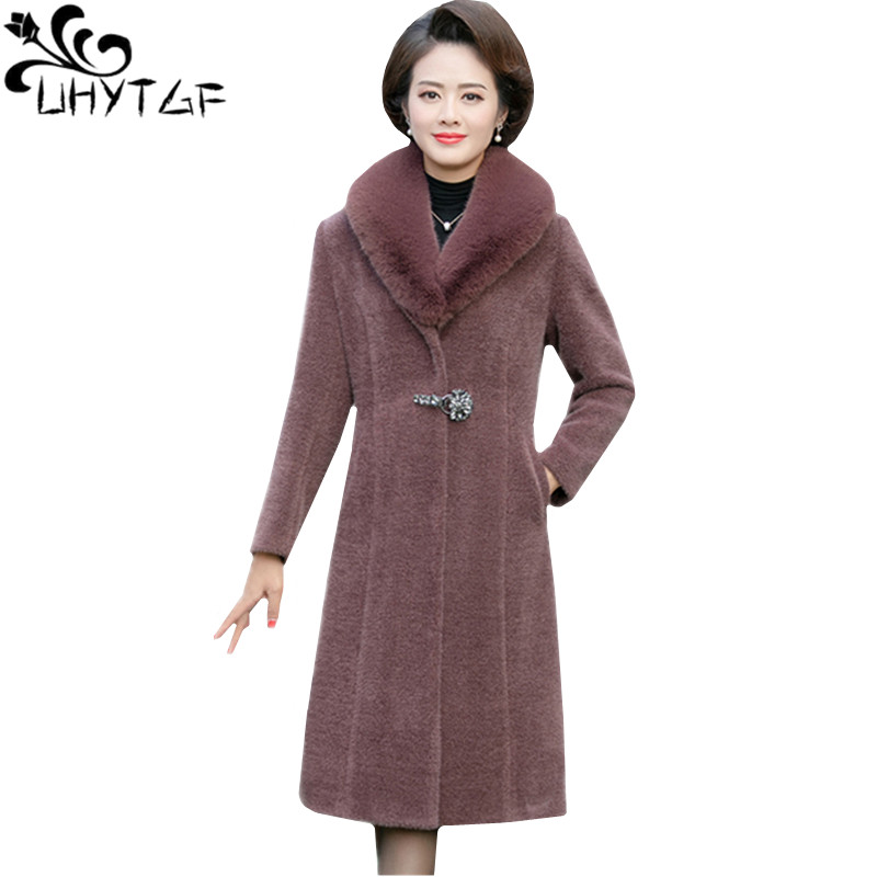 

UHYTGF Winter coat female quality Mink cashmere Casual warm women jacket fur collar sheep shearing loose 5XL plus size coats 664, Blue