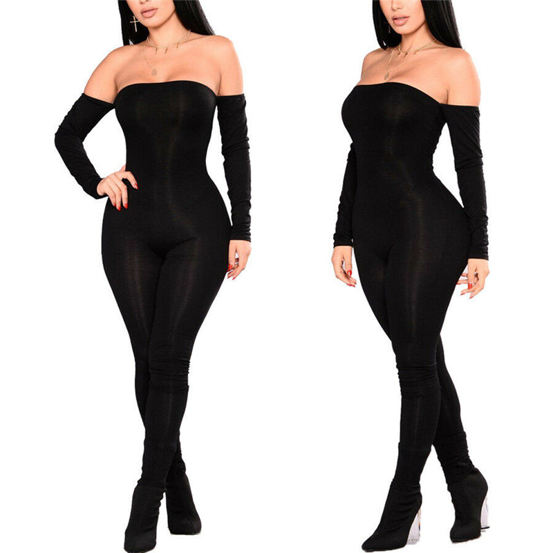 

Off Shoulder Sexy Romper Women Stretch Clothes set Long sleeve Bodycon Clubwear Playsuit Jumpsuit Skinny Fitness Outfit Overalls, Blue