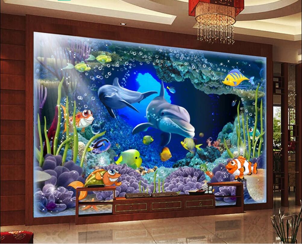 

WDBH 3d photo wallpaper custom mural Undersea world dolphins mother and child room home decor 3d wall murals wallpaper for walls 3 d, Non-woven