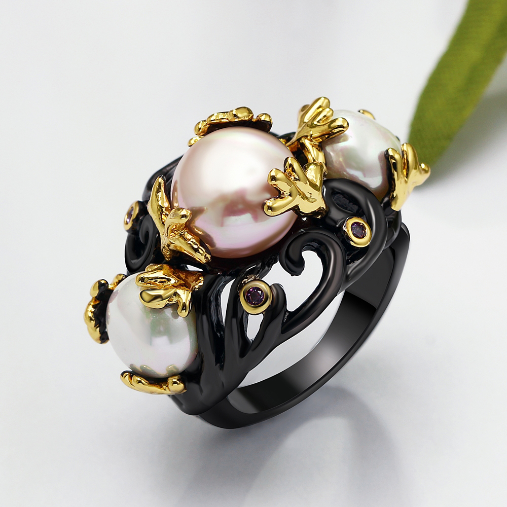 

Big pearl ring 2 tone plate by black gold and gold pave setting with amethyst cubic zirconia stone Wholesale ring pearls