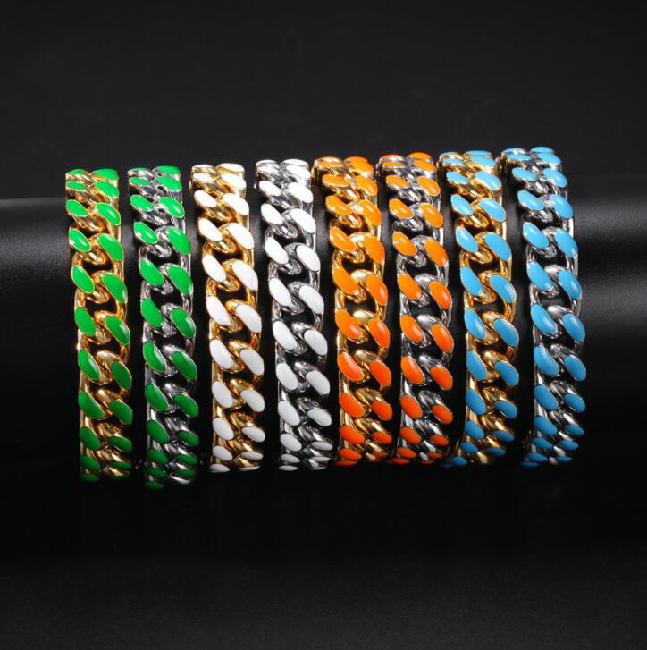 

New hip hop stainless steel dripping oil color CUBAN CHAIN 12mm fashion trend men's and women's Bracelets