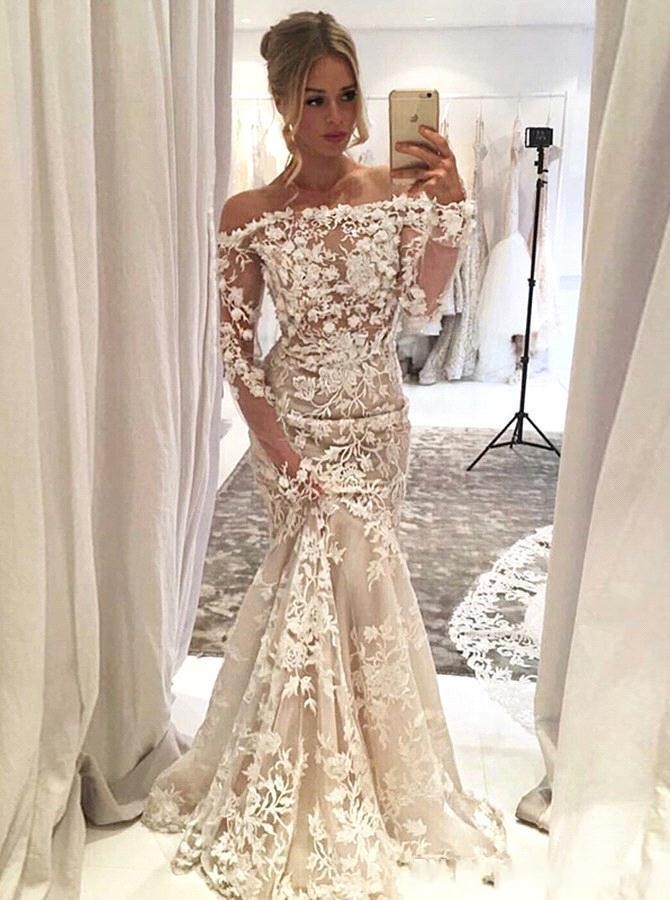 

Sexy New Champagne Mermaid Wedding Dresses Illusion Off Shoulder Long Sleeves Lace Appliques With Flowers Plus Size Formal Bridal Gowns, Ivory