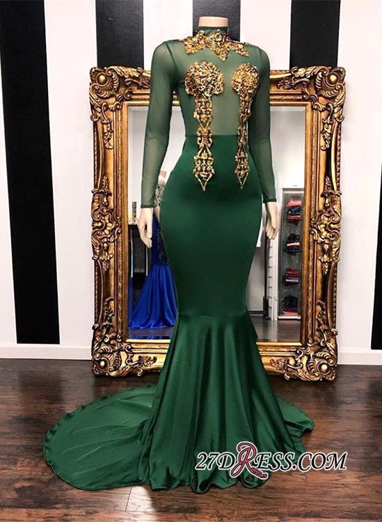 

2019 New Shinny Green Appliqued Mermaid Prom Evening Dress Sexy Black Girl Long Sleeve Sequined Formal Party Gown High Neck Pageant Dress, Gold