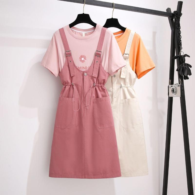 

2020 New Summer HIGH QUALITY Women Floral Printed T Shirt Tops + Overalls Skirt 2 Piece Set Female Two Piece Suit Tracksuit Z192, Orange