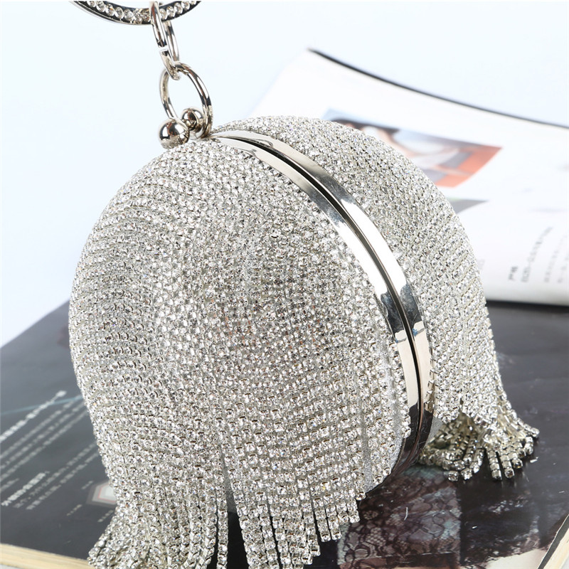 

Women Diamond Clutch Evening Bag Bridal Wedding Round Ball Crystal Bags Tassel Purse Fashion Tote Handbag Shining Crossbody Bag