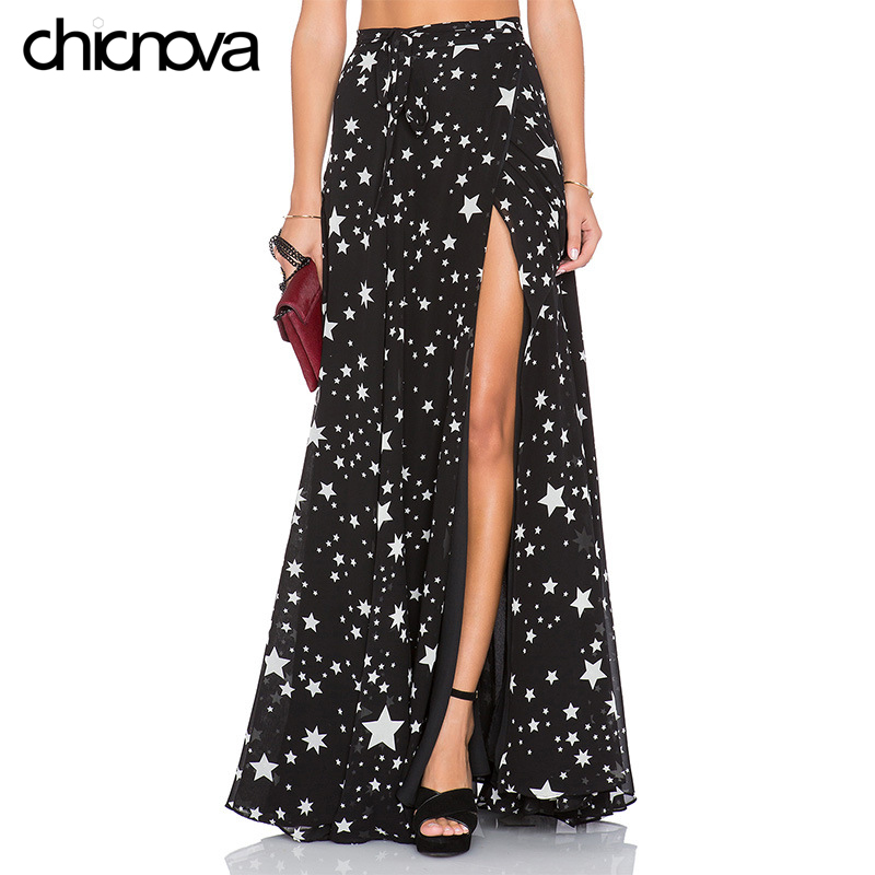 

Hot Sale high waist long skirts womens Pleated Star printing floor length chiffon split skirt FS0277, As pic