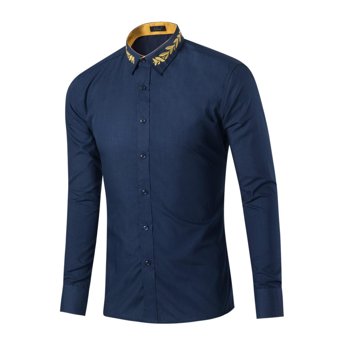 

Men Casual Long Sleeved Solid shirt Slim Fit Male Social Business Dress Shirt Brand Men Clothing Soft Comfortable, Gold