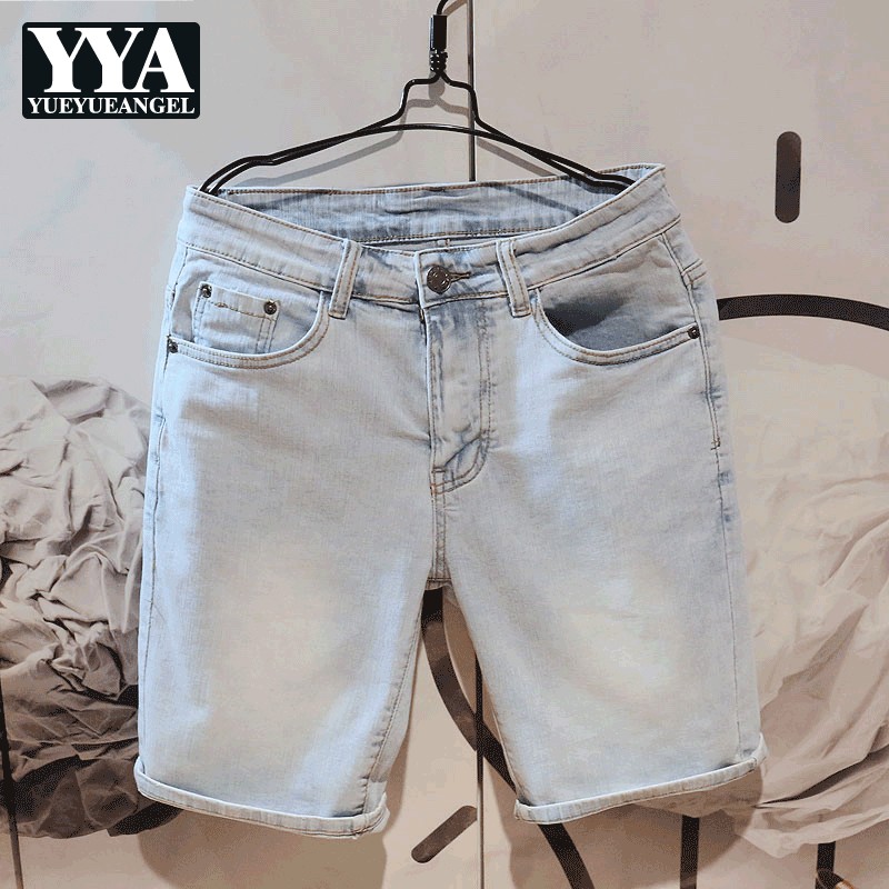 

Summer Mens Knee Length Straight Jeans Fashion Casual Denim Shorts Male Streetwear Cowboy Washed Light Blue Jean Beach Shorts 36