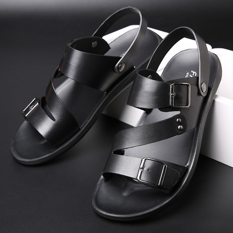 

Classic Summer Men's Sandals slippers dual-use Men Shoes Genuine Leather Sandals Big Size Soft Outdoor Men Roman, Black