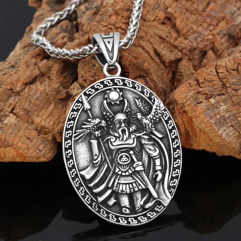 

Nordic Viking amulet odin face wolf Geri Freki Raven Amulet Stainless Steel Necklace with Valknut Rune Gift Bag