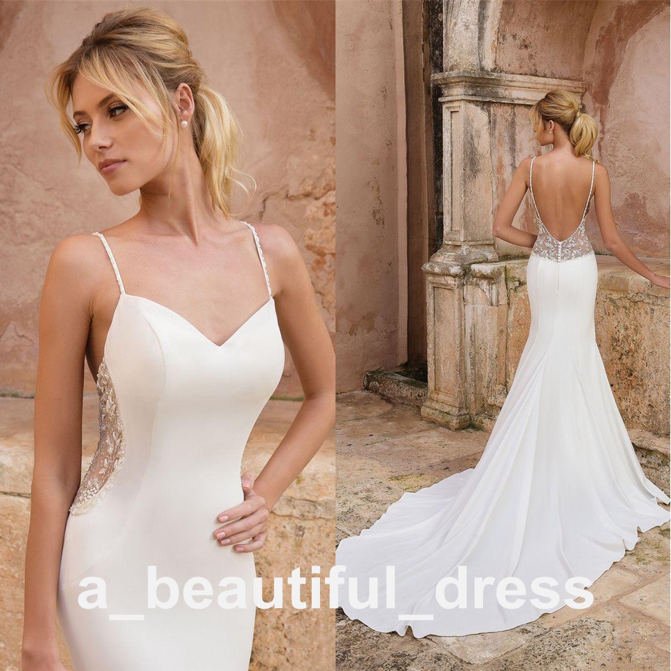 

Gorgeous Mermaid Satin Wedding Dresses Spaghetti Straps Backless Luxury Beads Wed Dress Sweep Train Beach Country Bridal Gowns WD2267, Red