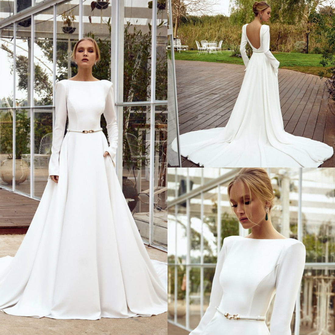 

Julie Vino 2020 Wedding Dresses Long Sleeves Lace Satin Bridal Gowns Sexy Backless Sweep Train A-Line Beach Wedding Dress, Silver
