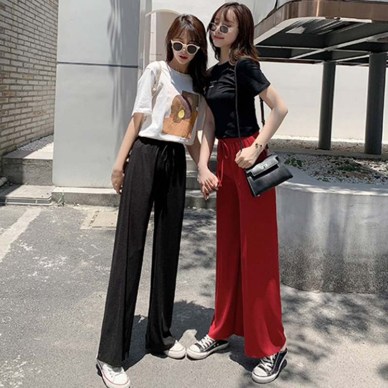 

High Waist Loose Women' Wide Leg Pants Ice Silk Summer Soft Comfort Trousers Female 2020 Casual Fashion Solid Long Slacks Lady, Beige elastic ankle