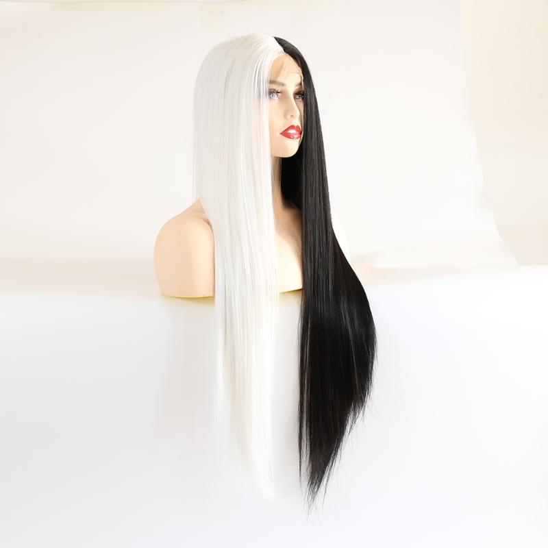 

ZigZag Straight Half White Half Black Synthetic Lace Front Wig for Women Long Heat Resistant Fiber Hair Hand Tied Cosplay Wig, As pic
