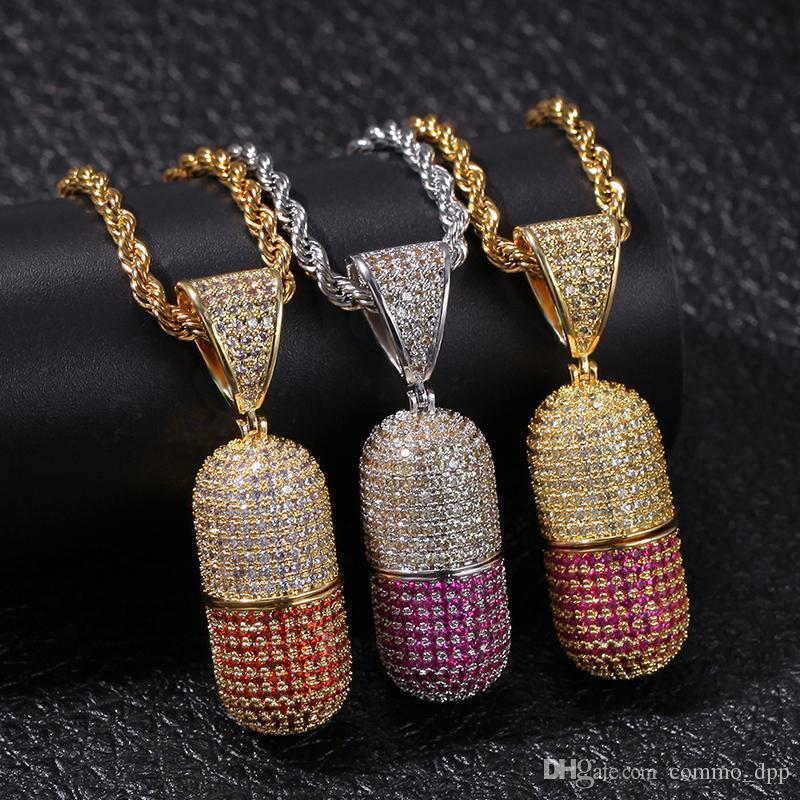 

Hip Hop Colorful Iced Out Open Pill Shape Pendant Bling Cz Cubic Zirconia Necklace For Women Men Hiphop Jewelry
