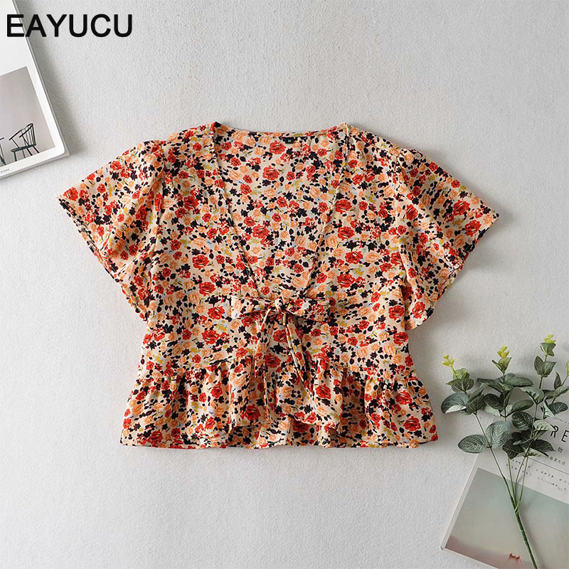 

EAYUCU Women beach style floral print blouse butterfly sleeve chic female shirt blusas femininas with sashes ET079, Navy blue