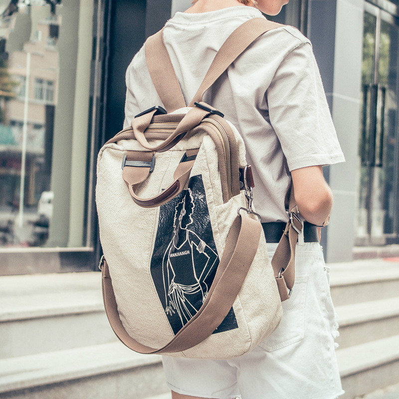 

New Cotton and Leggy Horse Skin Stitching Backpack Fashion Personality Lady Student Bag Canvas Genuine Print Computer Bag, White