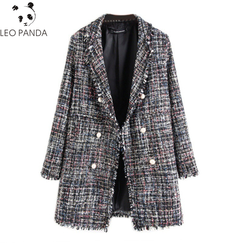 

Winter New Pearl Buttons Coat Women 2019 Fashion Slim Notched Collar Long Tweed Coats Female Double Breasted Tassel Woolen Coat, As shown