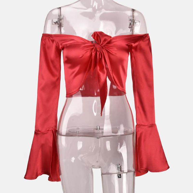 

Off The Shoulder Sexy Blouse Shirts Women Silk-Like Flare Sleeve Open Front Tie Up Short Tops Summer Club Party Shirt Streetwear, White