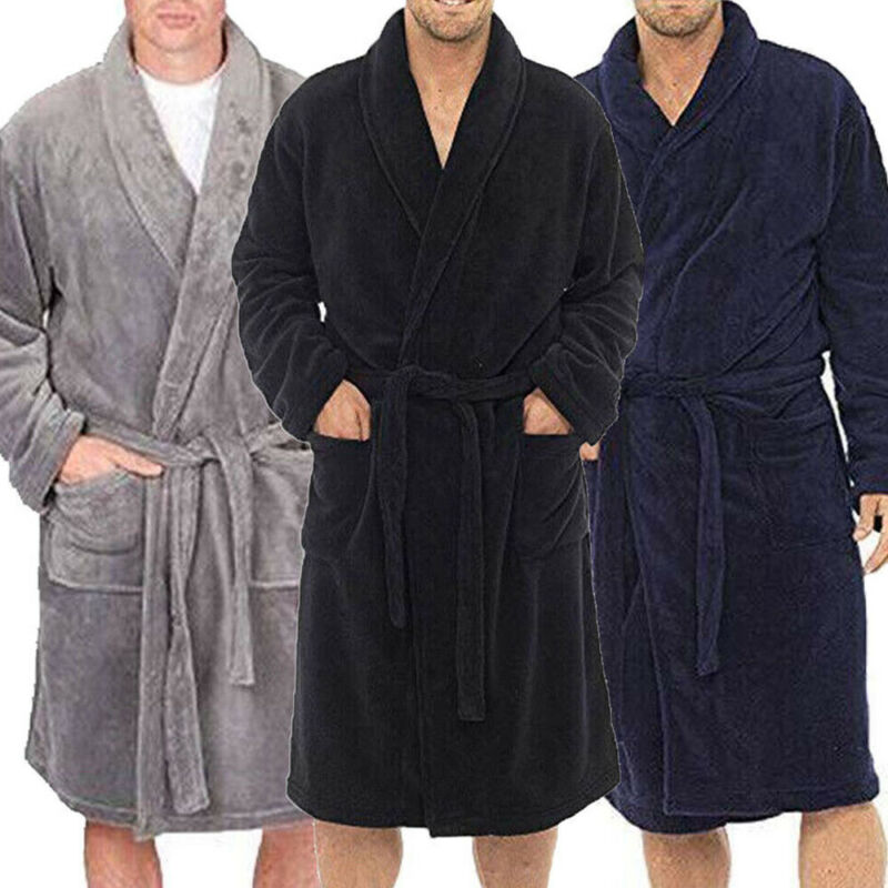 

Hot 2020 winter men's robes long sleeve coat thick warm elongated flannel robes soft male home pajamas 3 colors, A black