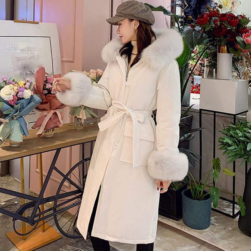 

Women Long Winter White Duck Down Fur Collar Jackets Long Sleeve Faux Fur Warm Coats Hooded Thick Parkas Outerwear, Beige